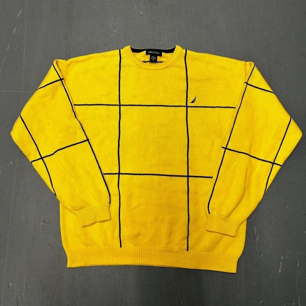 Vintage Nautica yellow geometric striped knit sweater Size M